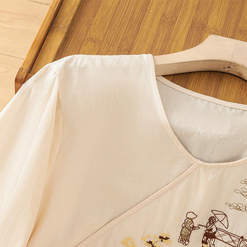 Damska koszulka z bawełny i lnu z haftem w stylu retro "Buddha Stones" i sznurowaniem, z rękawami trzy czwarte - image 3