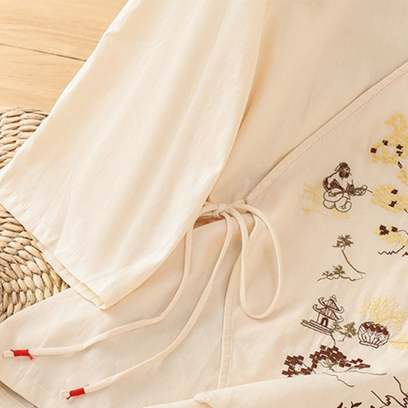 Damska koszulka z bawełny i lnu z haftem w stylu retro "Buddha Stones" i sznurowaniem, z rękawami trzy czwarte - image 6