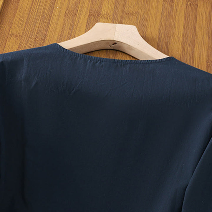 Damska koszulka z bawełny i lnu z haftem w stylu retro "Buddha Stones" i sznurowaniem, z rękawami trzy czwarte - image 18