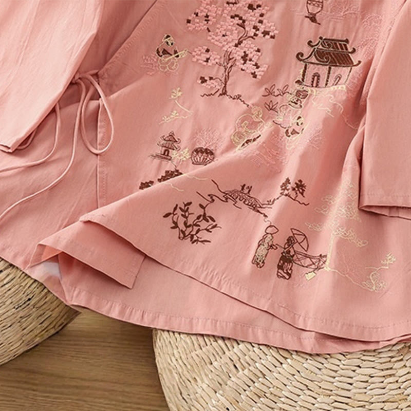 Damska koszulka z bawełny i lnu z haftem w stylu retro "Buddha Stones" i sznurowaniem, z rękawami trzy czwarte - image 13