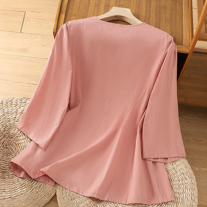 Damska koszulka z bawełny i lnu z haftem w stylu retro "Buddha Stones" i sznurowaniem, z rękawami trzy czwarte - image 9