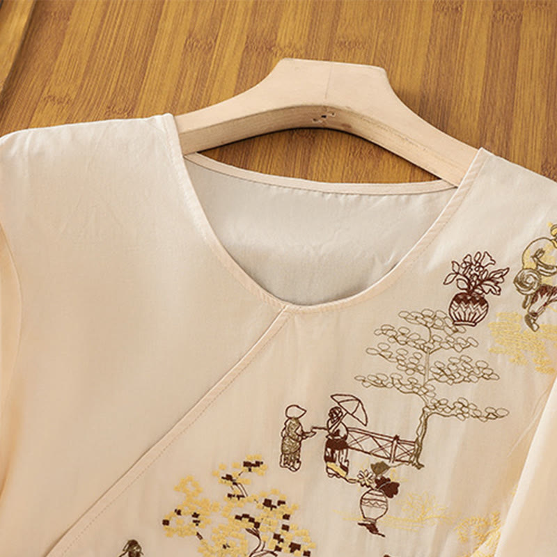 Damska koszulka z bawełny i lnu z haftem w stylu retro "Buddha Stones" i sznurowaniem, z rękawami trzy czwarte - image 2