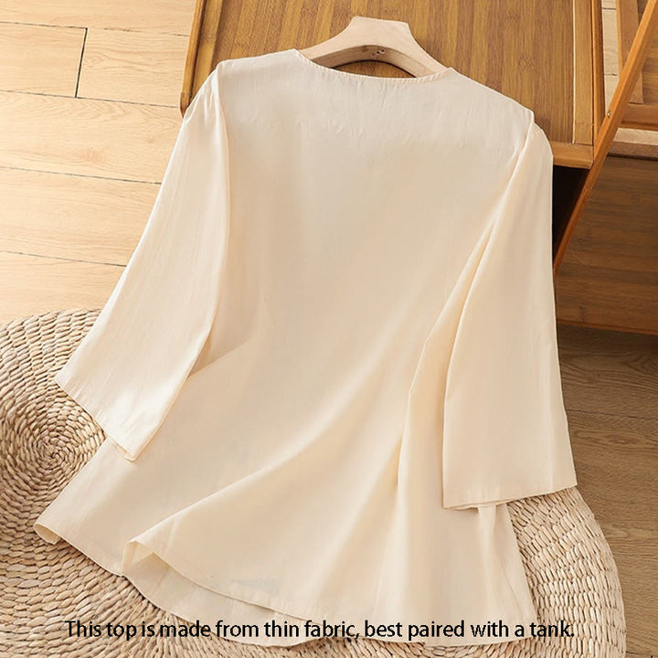 Damska koszulka z bawełny i lnu z haftem w stylu retro "Buddha Stones" i sznurowaniem, z rękawami trzy czwarte - image 1