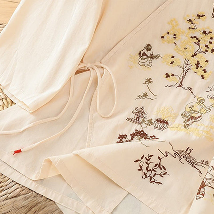 Damska koszulka z bawełny i lnu z haftem w stylu retro "Buddha Stones" i sznurowaniem, z rękawami trzy czwarte - image 5