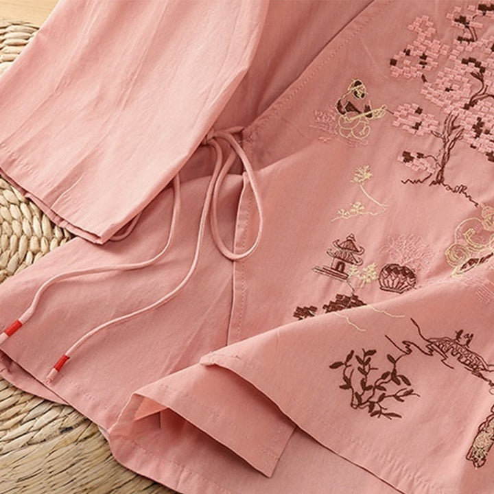 Damska koszulka z bawełny i lnu z haftem w stylu retro "Buddha Stones" i sznurowaniem, z rękawami trzy czwarte - image 12