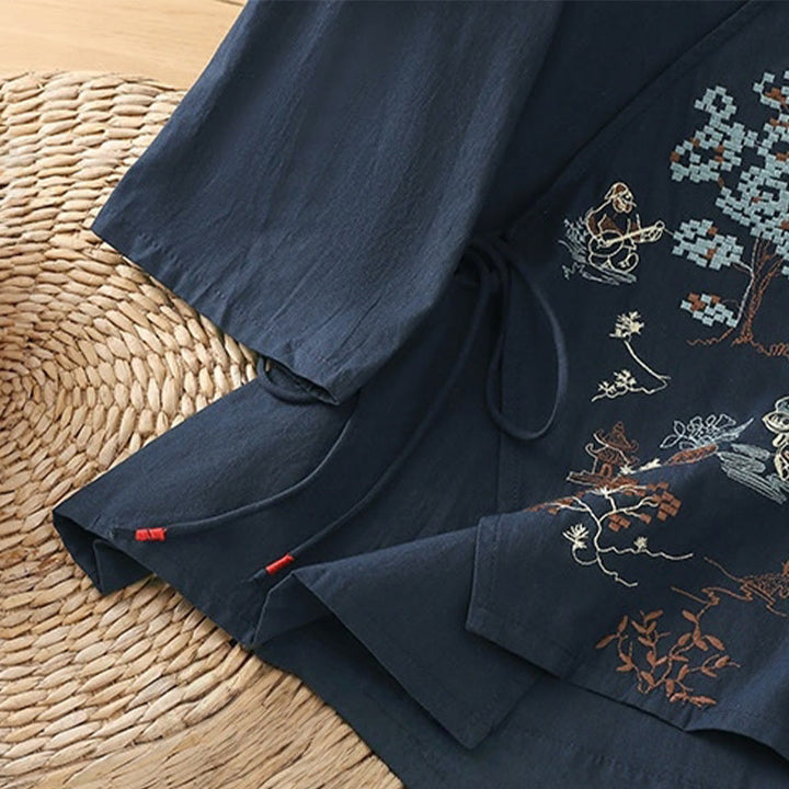 Damska koszulka z bawełny i lnu z haftem w stylu retro "Buddha Stones" i sznurowaniem, z rękawami trzy czwarte - image 19