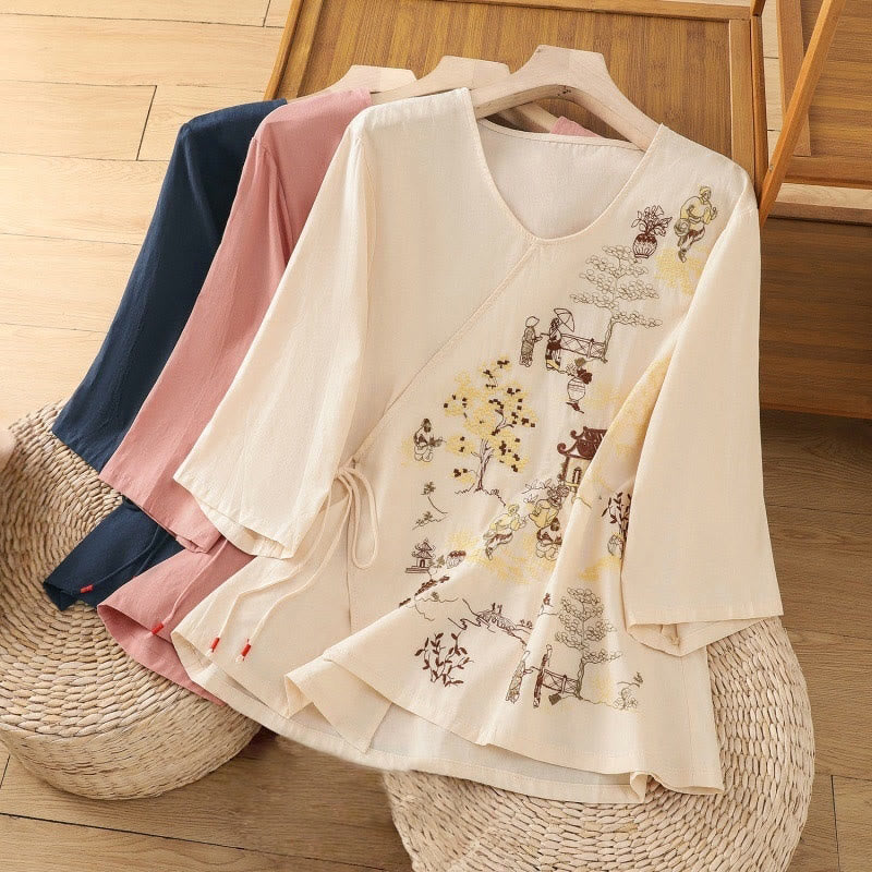 Damska koszulka z bawełny i lnu z haftem w stylu retro "Buddha Stones" i sznurowaniem, z rękawami trzy czwarte - image 22