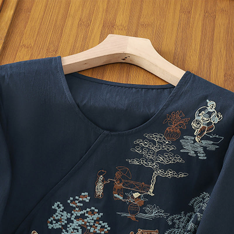 Damska koszulka z bawełny i lnu z haftem w stylu retro "Buddha Stones" i sznurowaniem, z rękawami trzy czwarte - image 16