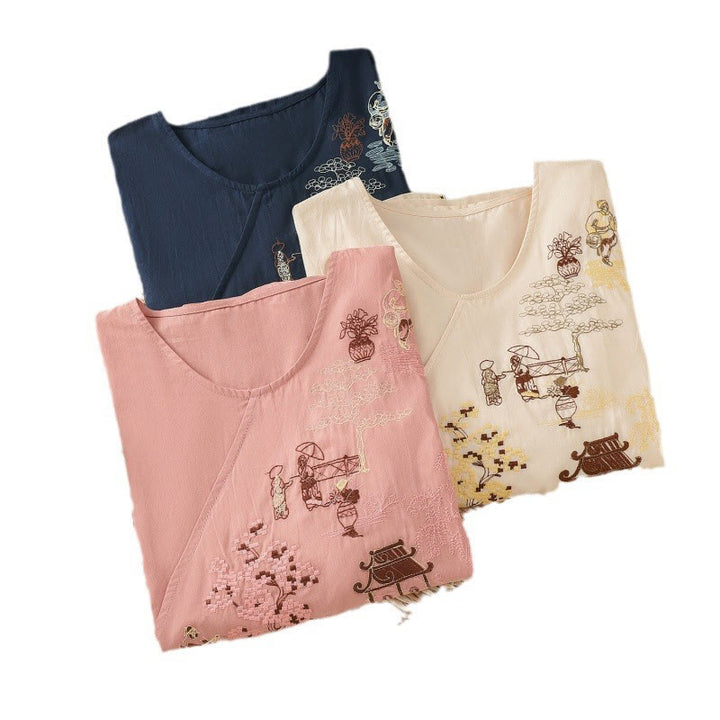 Damska koszulka z bawełny i lnu z haftem w stylu retro "Buddha Stones" i sznurowaniem, z rękawami trzy czwarte - image 23