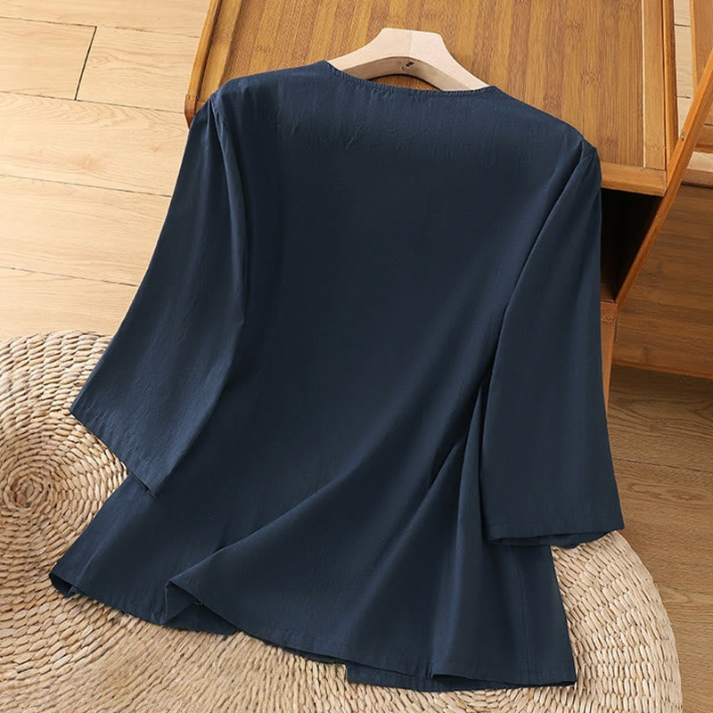 Damska koszulka z bawełny i lnu z haftem w stylu retro "Buddha Stones" i sznurowaniem, z rękawami trzy czwarte - image 15