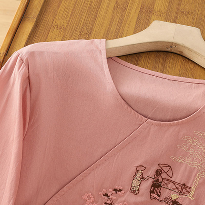 Damska koszulka z bawełny i lnu z haftem w stylu retro "Buddha Stones" i sznurowaniem, z rękawami trzy czwarte - image 10