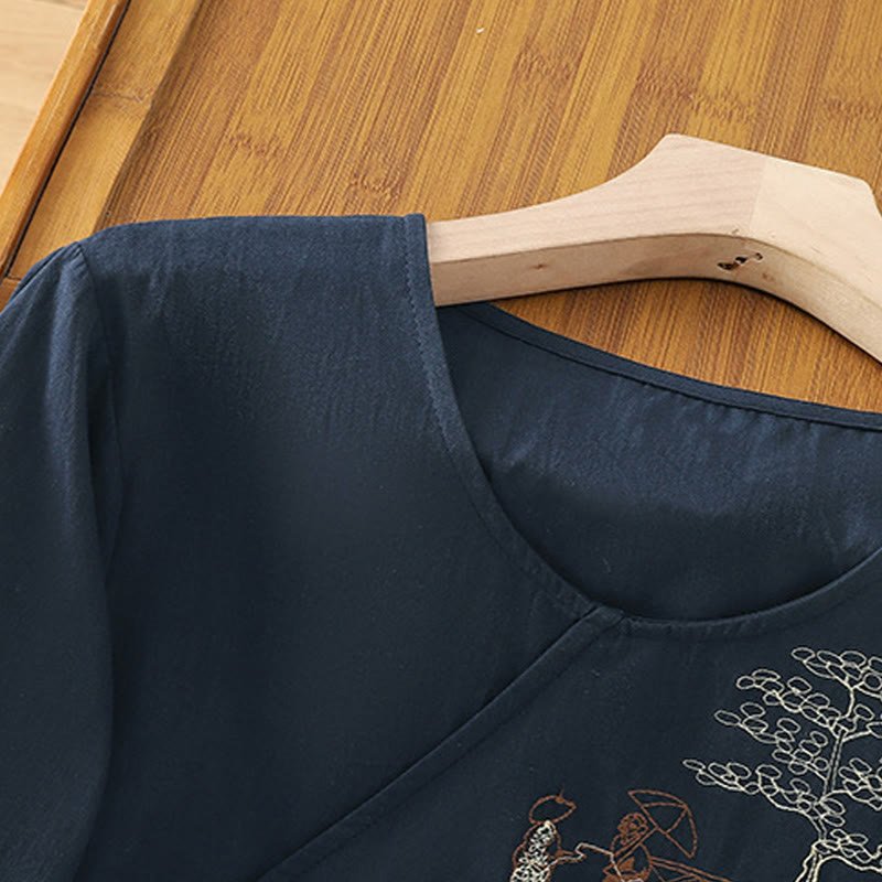 Damska koszulka z bawełny i lnu z haftem w stylu retro "Buddha Stones" i sznurowaniem, z rękawami trzy czwarte - image 17