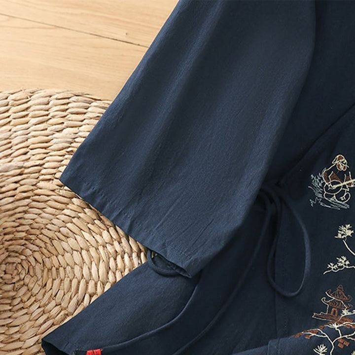 Damska koszulka z bawełny i lnu z haftem w stylu retro "Buddha Stones" i sznurowaniem, z rękawami trzy czwarte - image 20