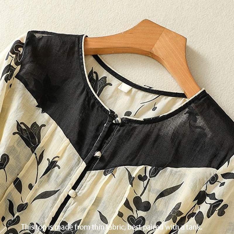 Koszula damska z krótkim rękawem i kontrastowymi guzikami w kontrastowych kolorach, z nadrukowanymi Buddha Stones i kwiatowymi motywami - image 2