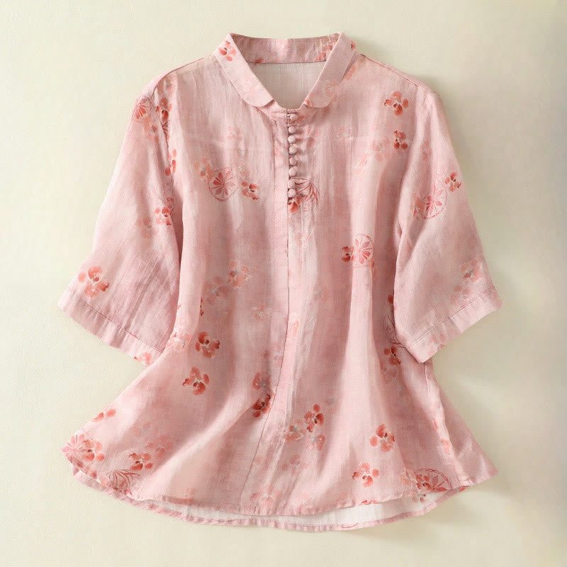 Koszula damska bawełniana z nadrukiem Buddha Stones i żabami, z klapami i krótkim rękawem - LightCoral - US8-10，UK/AU12-14，EU40-42 (2XL) - image 0