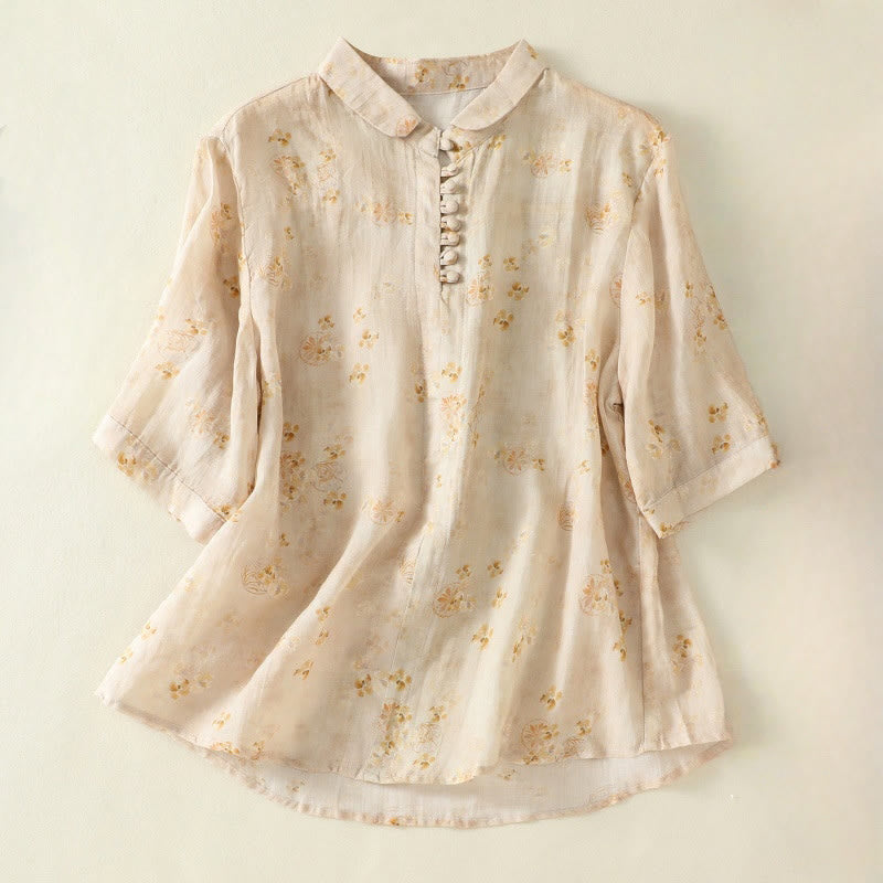 Koszula damska bawełniana z nadrukiem Buddha Stones i żabami, z klapami i krótkim rękawem - Cytrynowe Szyfony - US8-10，UK/AU12-14，EU40-42 (2XL) - image 8