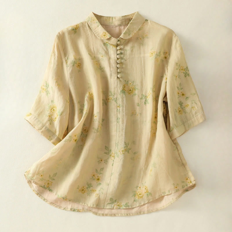 Koszula damska bawełniana z nadrukiem Buddha Stones i żabami, z klapami i krótkim rękawem - Khaki - US8-10，UK/AU12-14，EU40-42 (2XL) - image 16