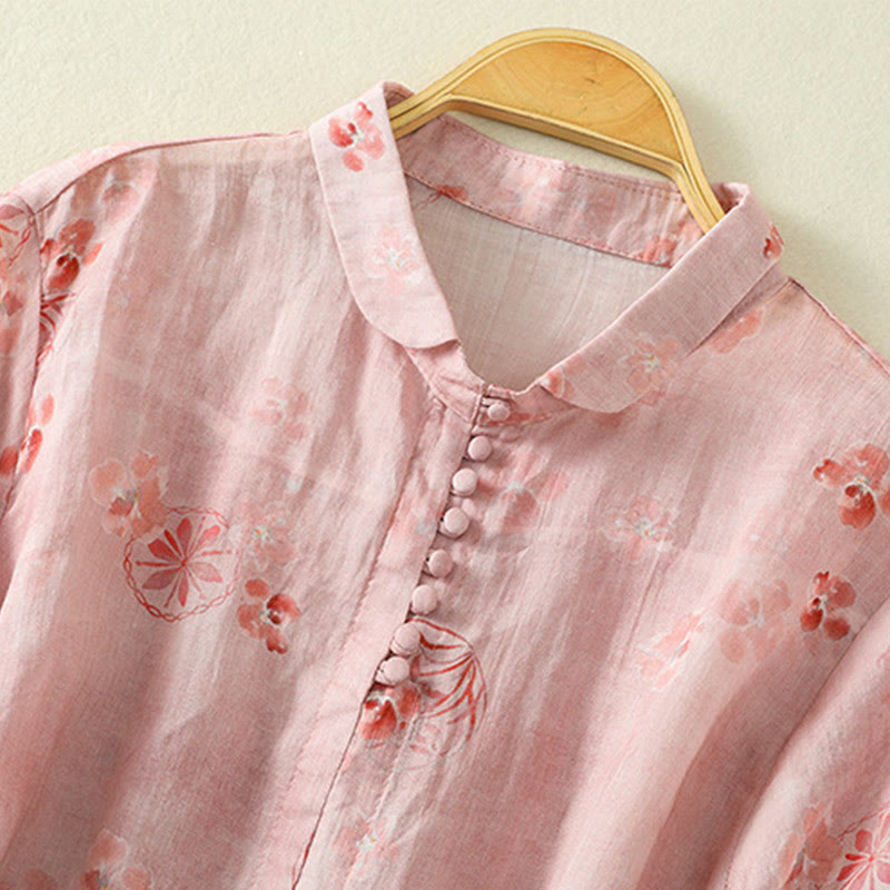 Koszula damska bawełniana z nadrukiem Buddha Stones i żabami, z klapami i krótkim rękawem - image 2