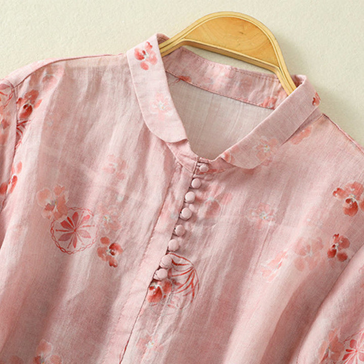 Koszula damska bawełniana z nadrukiem Buddha Stones i żabami, z klapami i krótkim rękawem - image 2