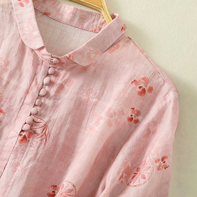 Koszula damska bawełniana z nadrukiem Buddha Stones i żabami, z klapami i krótkim rękawem - image 3