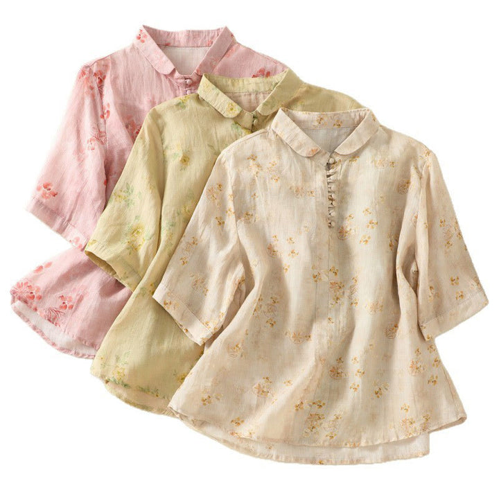 Koszula damska bawełniana z nadrukiem Buddha Stones i żabami, z klapami i krótkim rękawem - image 24