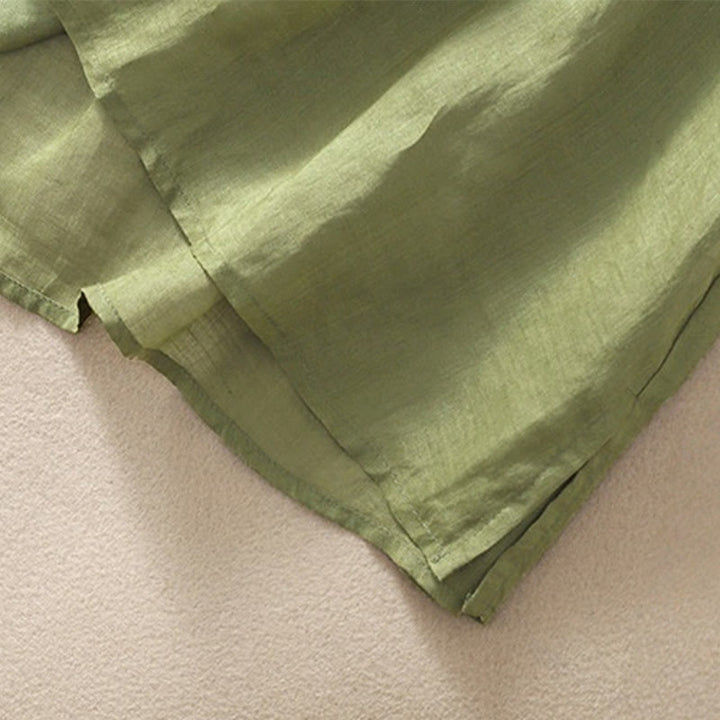 Damska bawełniana lniana koszulka z krótkim rękawem i haftem "Buddha Stones" z kwiatowym wzorem i rozcięciem u dołu - image 8