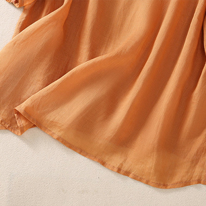 Damska bawełniana lniana koszulka z krótkim rękawem i haftem "Buddha Stones" z kwiatowym wzorem i rozcięciem u dołu - image 15