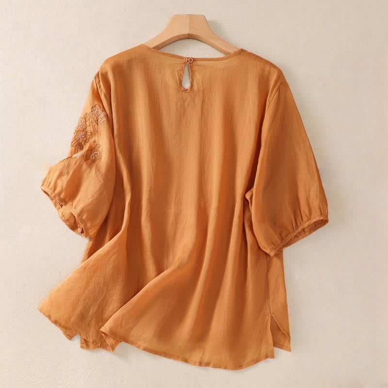 Damska bawełniana lniana koszulka z krótkim rękawem i haftem "Buddha Stones" z kwiatowym wzorem i rozcięciem u dołu - image 10