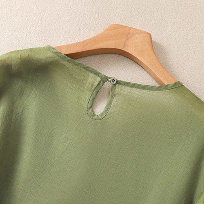 Damska bawełniana lniana koszulka z krótkim rękawem i haftem "Buddha Stones" z kwiatowym wzorem i rozcięciem u dołu - image 3