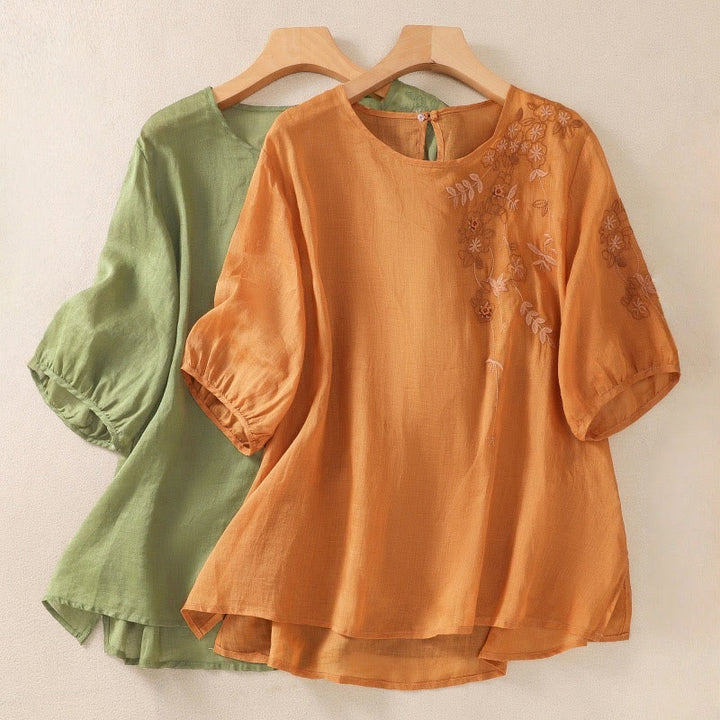 Damska bawełniana lniana koszulka z krótkim rękawem i haftem "Buddha Stones" z kwiatowym wzorem i rozcięciem u dołu - image 19