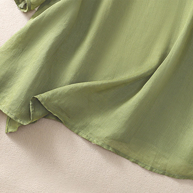 Damska bawełniana lniana koszulka z krótkim rękawem i haftem "Buddha Stones" z kwiatowym wzorem i rozcięciem u dołu - image 6