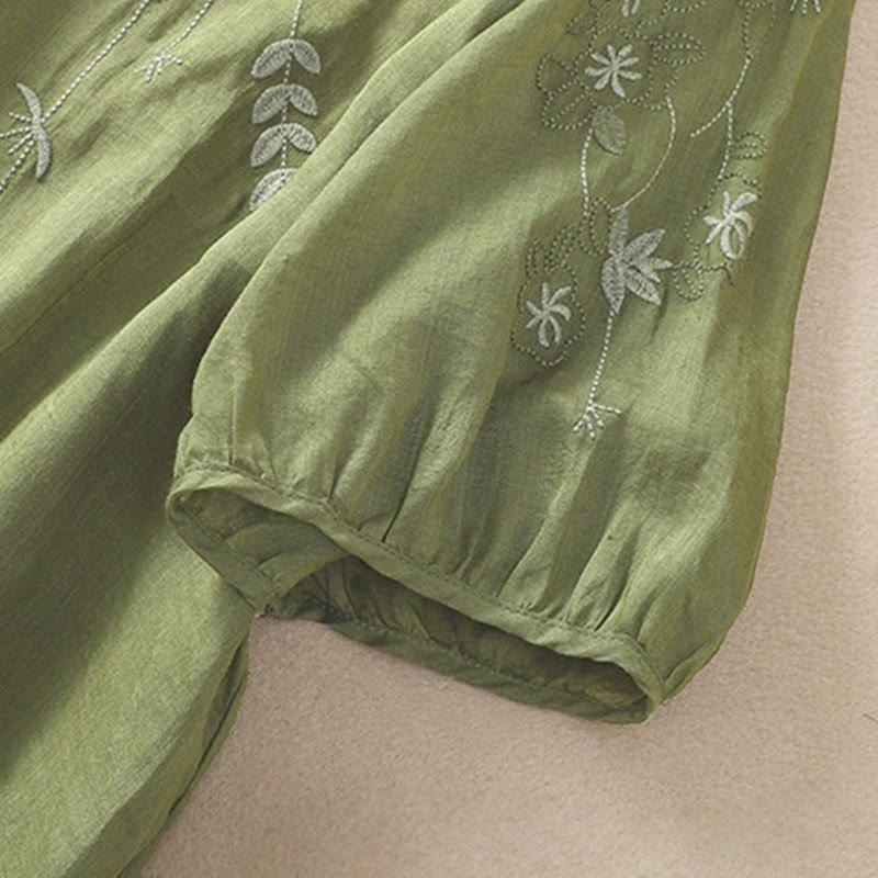 Damska bawełniana lniana koszulka z krótkim rękawem i haftem "Buddha Stones" z kwiatowym wzorem i rozcięciem u dołu - image 6