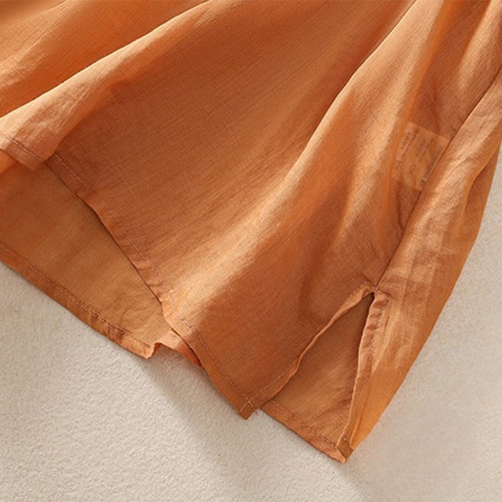 Damska bawełniana lniana koszulka z krótkim rękawem i haftem "Buddha Stones" z kwiatowym wzorem i rozcięciem u dołu - image 17