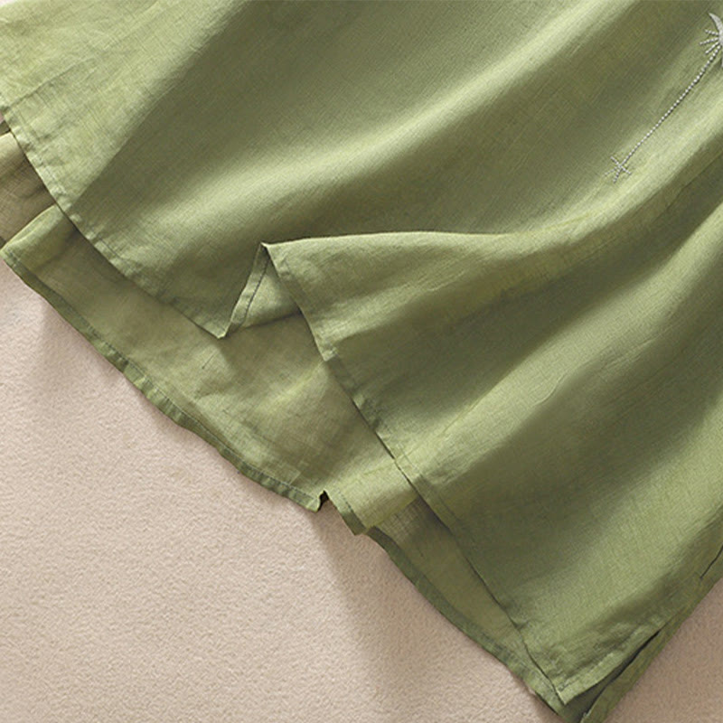 Damska bawełniana lniana koszulka z krótkim rękawem i haftem "Buddha Stones" z kwiatowym wzorem i rozcięciem u dołu - image 8