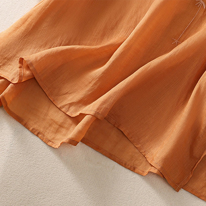 Damska bawełniana lniana koszulka z krótkim rękawem i haftem "Buddha Stones" z kwiatowym wzorem i rozcięciem u dołu - image 18