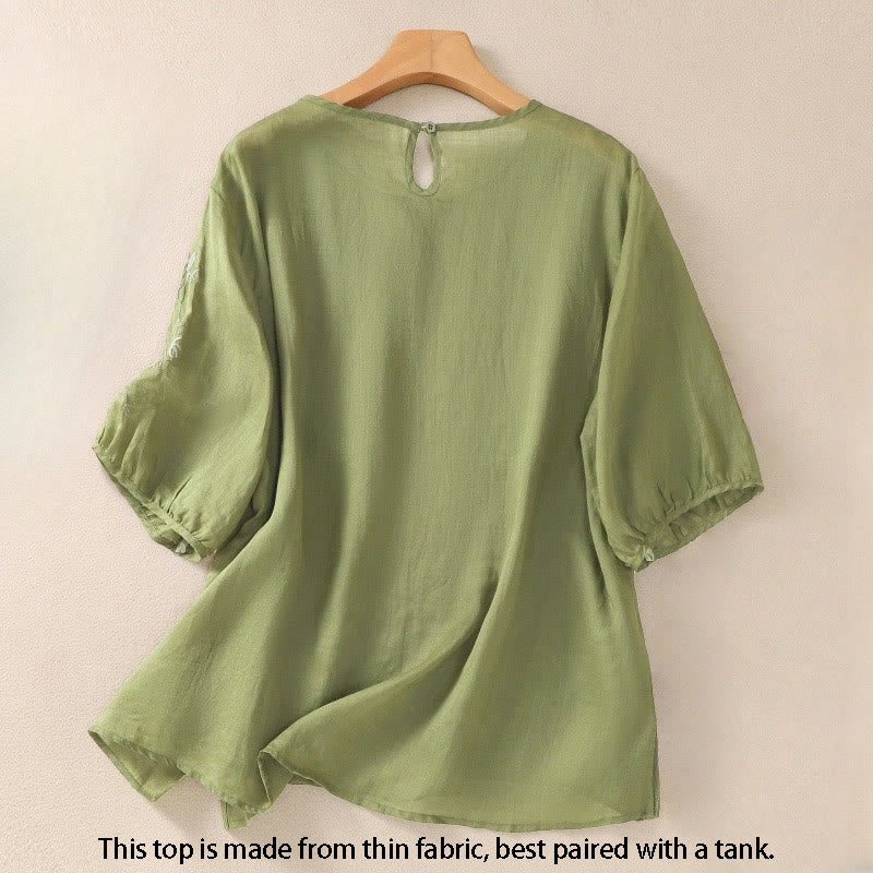 Damska bawełniana lniana koszulka z krótkim rękawem i haftem "Buddha Stones" z kwiatowym wzorem i rozcięciem u dołu - image 2