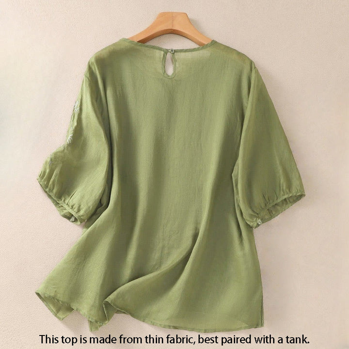 Damska bawełniana lniana koszulka z krótkim rękawem i haftem "Buddha Stones" z kwiatowym wzorem i rozcięciem u dołu - image 2