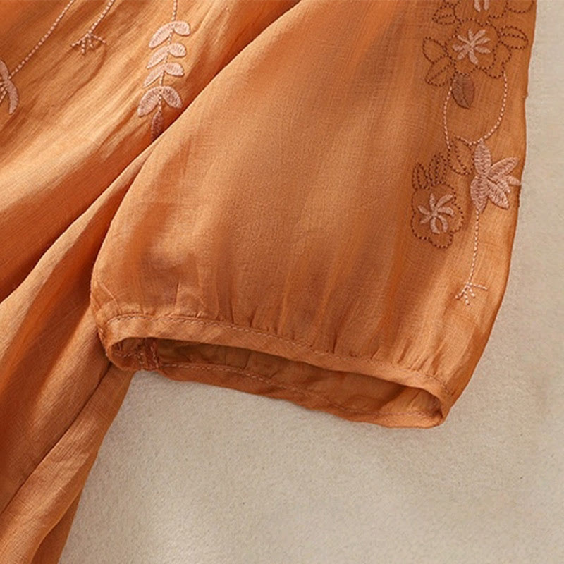 Damska bawełniana lniana koszulka z krótkim rękawem i haftem "Buddha Stones" z kwiatowym wzorem i rozcięciem u dołu - image 14