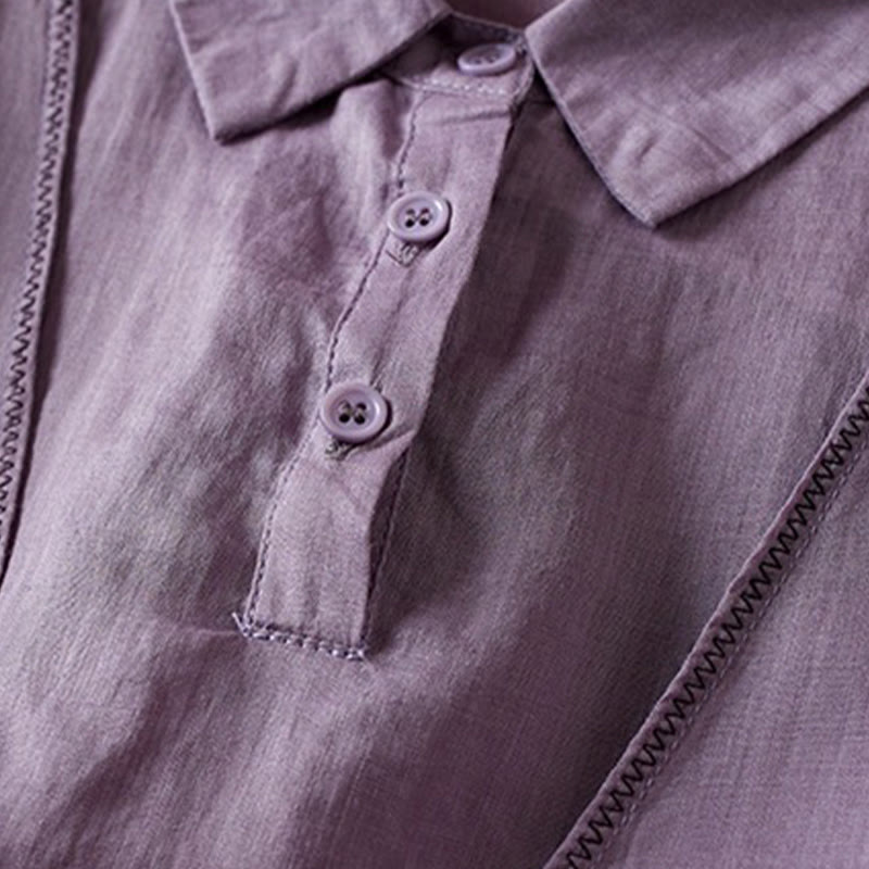 Koszula damska z bawełny i lnu z nadrukiem "Buddha Stones" w stylu retro, prosta, z imitacją dwóch części, zapinana na guziki i z krótkim rękawem - image 4