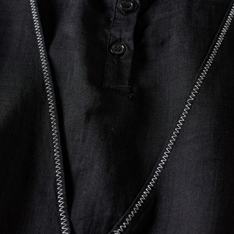 Koszula damska z bawełny i lnu z nadrukiem "Buddha Stones" w stylu retro, prosta, z imitacją dwóch części, zapinana na guziki i z krótkim rękawem - image 31