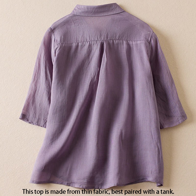 Koszula damska z bawełny i lnu z nadrukiem "Buddha Stones" w stylu retro, prosta, z imitacją dwóch części, zapinana na guziki i z krótkim rękawem - image 2