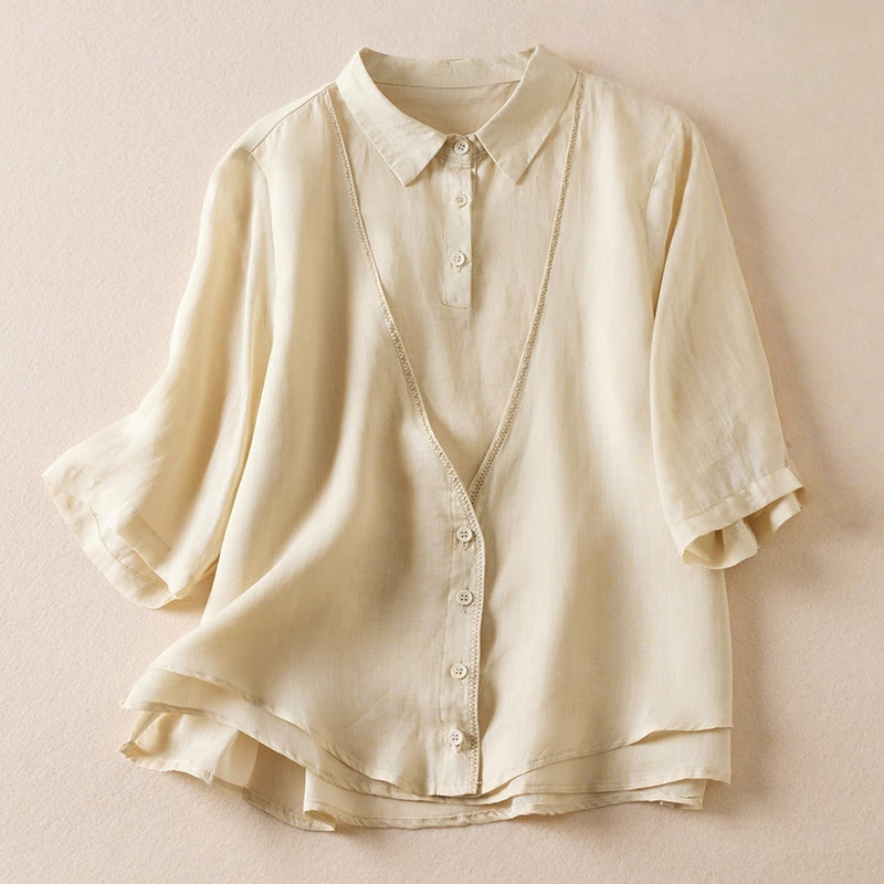 Koszula damska z bawełny i lnu z nadrukiem "Buddha Stones" w stylu retro, prosta, z imitacją dwóch części, zapinana na guziki i z krótkim rękawem - Beżowy - US12, UK/AU16, EU44 (2XL) - image 36