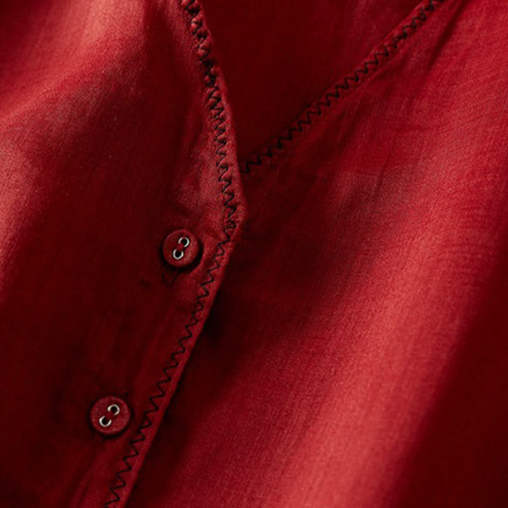 Koszula damska z bawełny i lnu z nadrukiem "Buddha Stones" w stylu retro, prosta, z imitacją dwóch części, zapinana na guziki i z krótkim rękawem - image 14