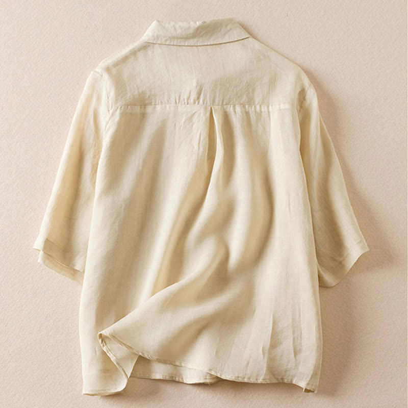 Koszula damska z bawełny i lnu z nadrukiem "Buddha Stones" w stylu retro, prosta, z imitacją dwóch części, zapinana na guziki i z krótkim rękawem - image 37