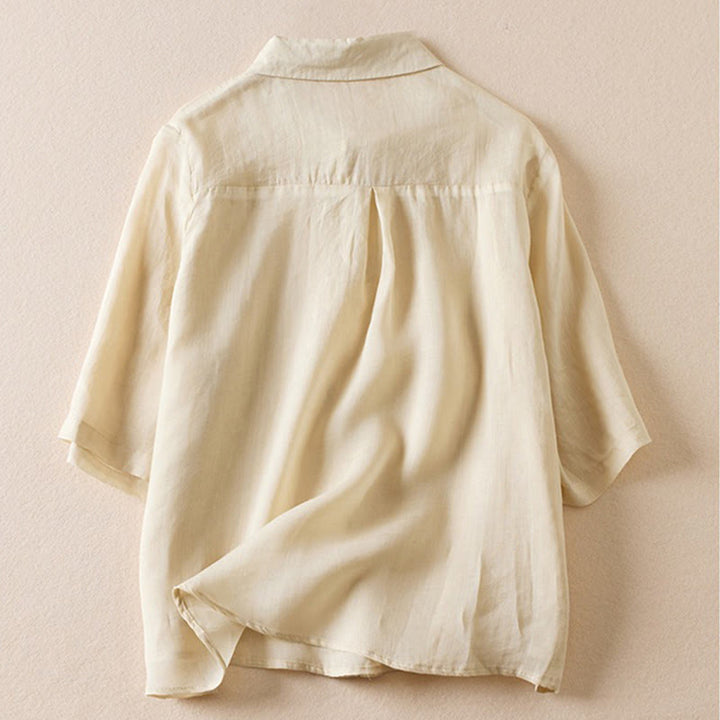 Koszula damska z bawełny i lnu z nadrukiem "Buddha Stones" w stylu retro, prosta, z imitacją dwóch części, zapinana na guziki i z krótkim rękawem - image 37