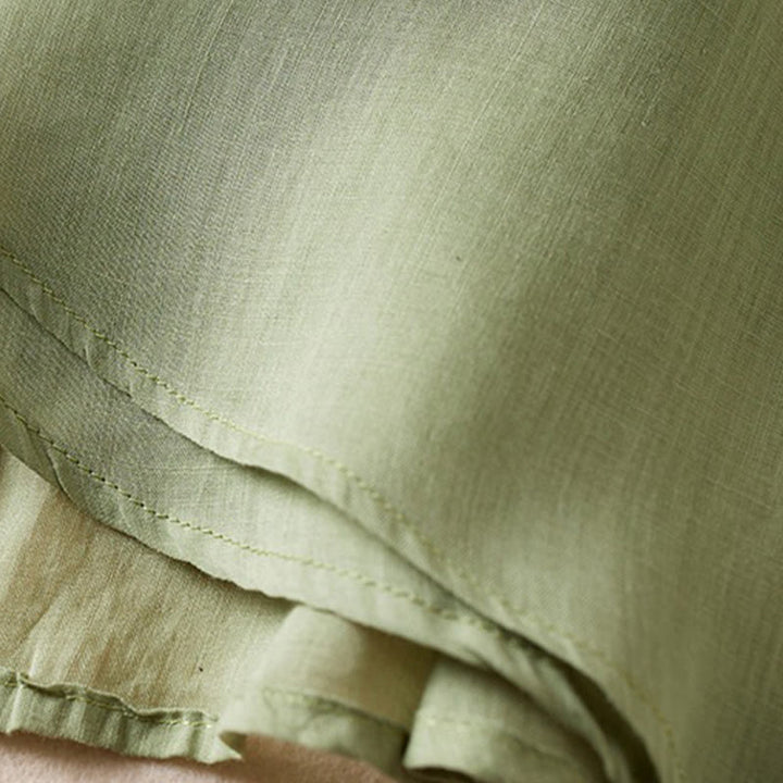 Koszula damska z bawełny i lnu z nadrukiem "Buddha Stones" w stylu retro, prosta, z imitacją dwóch części, zapinana na guziki i z krótkim rękawem - image 27