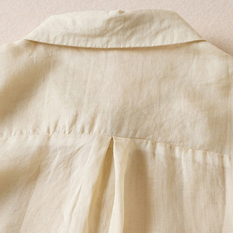 Koszula damska z bawełny i lnu z nadrukiem "Buddha Stones" w stylu retro, prosta, z imitacją dwóch części, zapinana na guziki i z krótkim rękawem - image 40