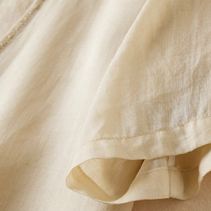 Koszula damska z bawełny i lnu z nadrukiem "Buddha Stones" w stylu retro, prosta, z imitacją dwóch części, zapinana na guziki i z krótkim rękawem - image 42