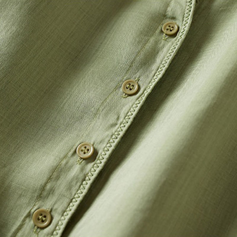 Koszula damska z bawełny i lnu z nadrukiem "Buddha Stones" w stylu retro, prosta, z imitacją dwóch części, zapinana na guziki i z krótkim rękawem - image 24