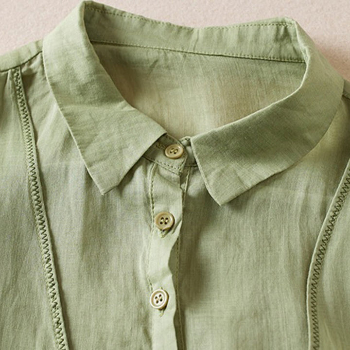 Koszula damska z bawełny i lnu z nadrukiem "Buddha Stones" w stylu retro, prosta, z imitacją dwóch części, zapinana na guziki i z krótkim rękawem - image 21